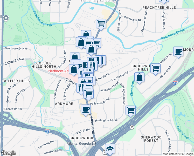 map of restaurants, bars, coffee shops, grocery stores, and more near 52 Brighton Road Northeast in Atlanta