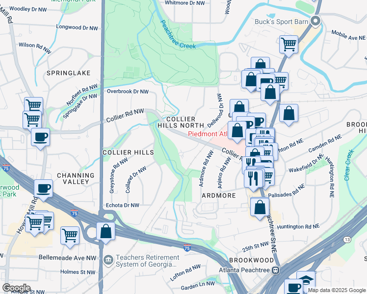 map of restaurants, bars, coffee shops, grocery stores, and more near 1922 Dellwood Drive Northwest in Atlanta