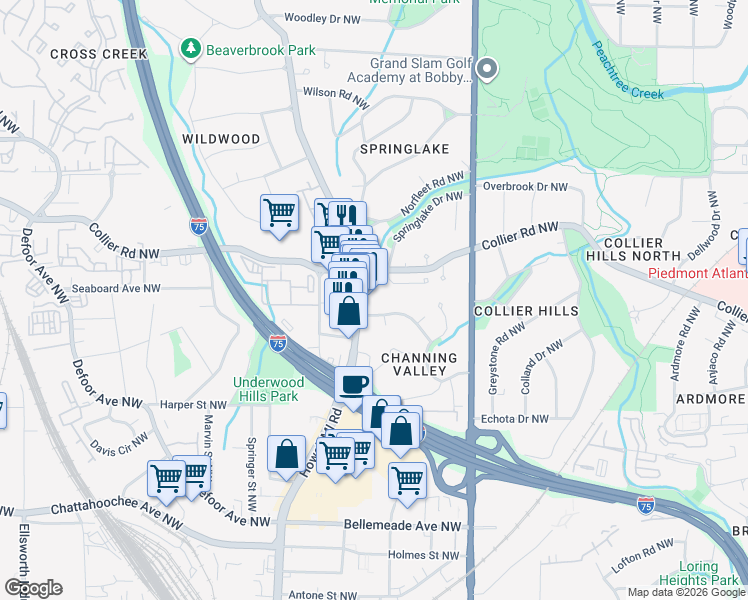 map of restaurants, bars, coffee shops, grocery stores, and more near 1971 Howell Mill Road Northwest in Atlanta