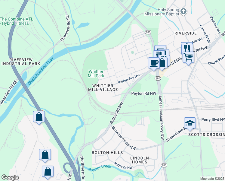 map of restaurants, bars, coffee shops, grocery stores, and more near 1925 Whittier Avenue Northwest in Atlanta