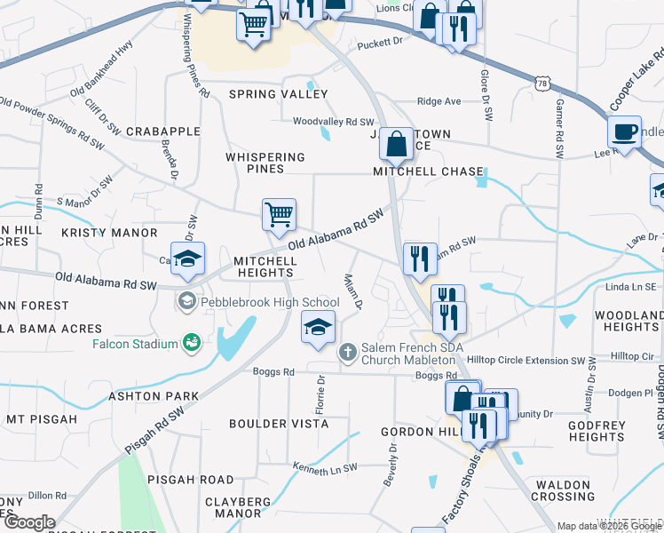 map of restaurants, bars, coffee shops, grocery stores, and more near 5975 Louise Place Southwest in Mableton