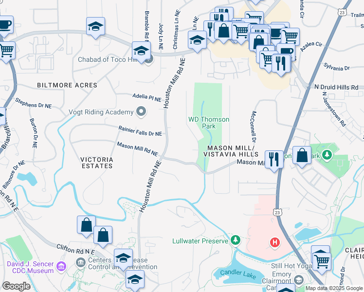 map of restaurants, bars, coffee shops, grocery stores, and more near 1708 Mason Mill Road in Atlanta