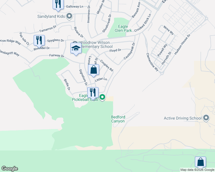 map of restaurants, bars, coffee shops, grocery stores, and more near 4487 Driving Range Road in Corona