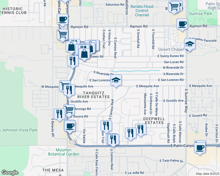 map of restaurants, bars, coffee shops, grocery stores, and more near 783 East Mesquite Avenue in Palm Springs