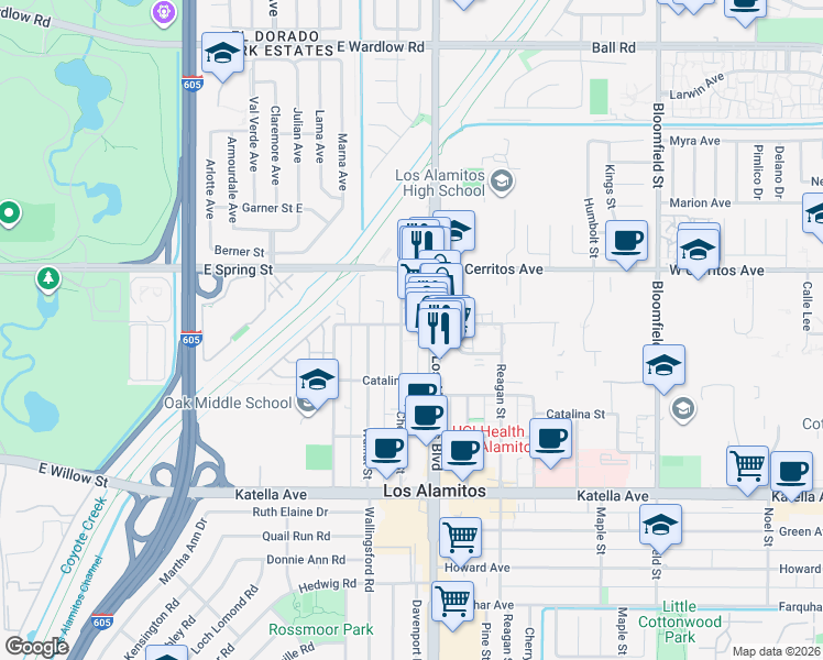 map of restaurants, bars, coffee shops, grocery stores, and more near 10622 Chestnut Street in Los Alamitos