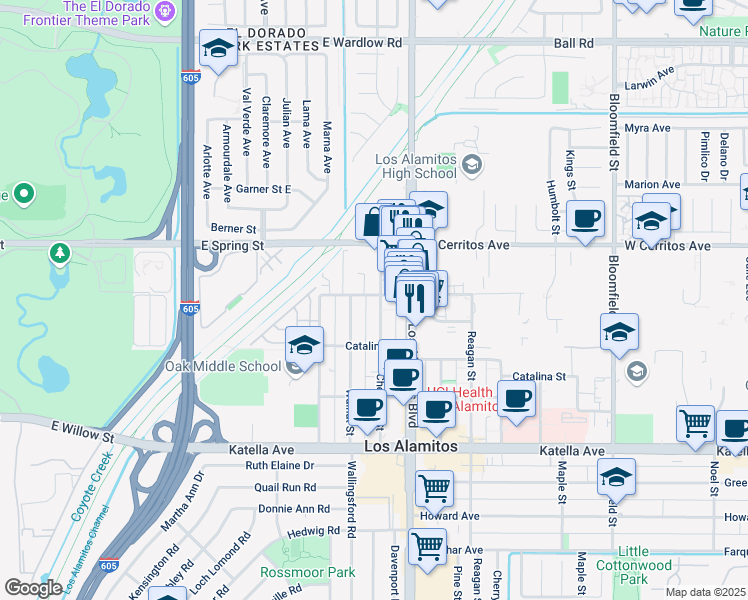 map of restaurants, bars, coffee shops, grocery stores, and more near 10623 Chestnut Street in Los Alamitos