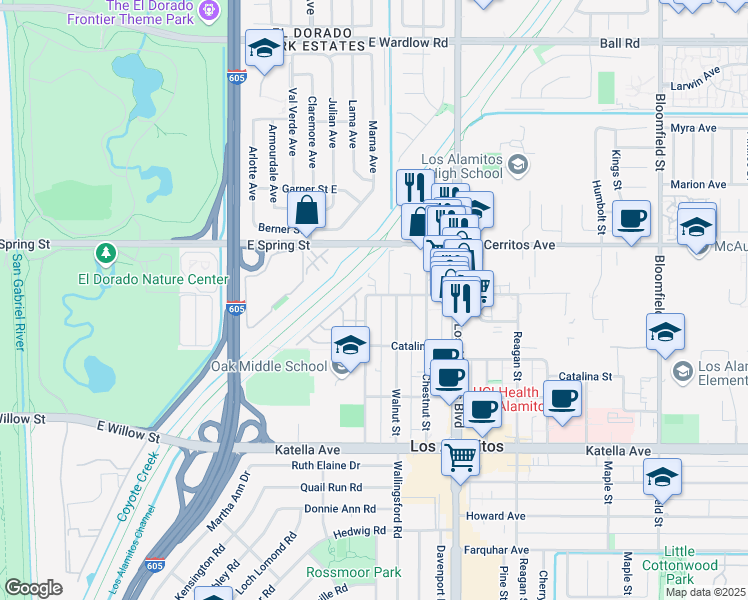 map of restaurants, bars, coffee shops, grocery stores, and more near 10628 Oak Street in Los Alamitos