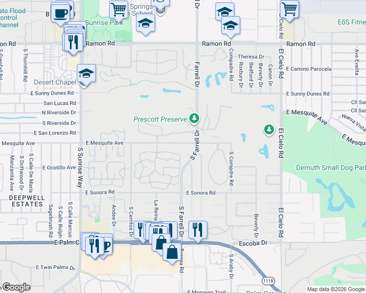 map of restaurants, bars, coffee shops, grocery stores, and more near 2517 East Mesquite Avenue in Palm Springs