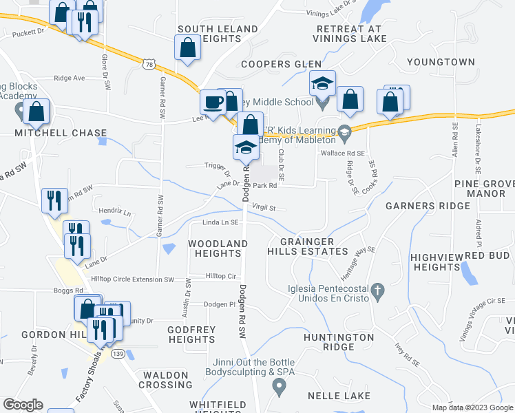 map of restaurants, bars, coffee shops, grocery stores, and more near 140 Virgil Street in Mableton