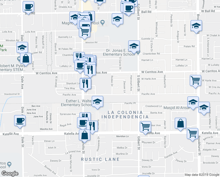 map of restaurants, bars, coffee shops, grocery stores, and more near 10631 Rodeo Drive in Anaheim