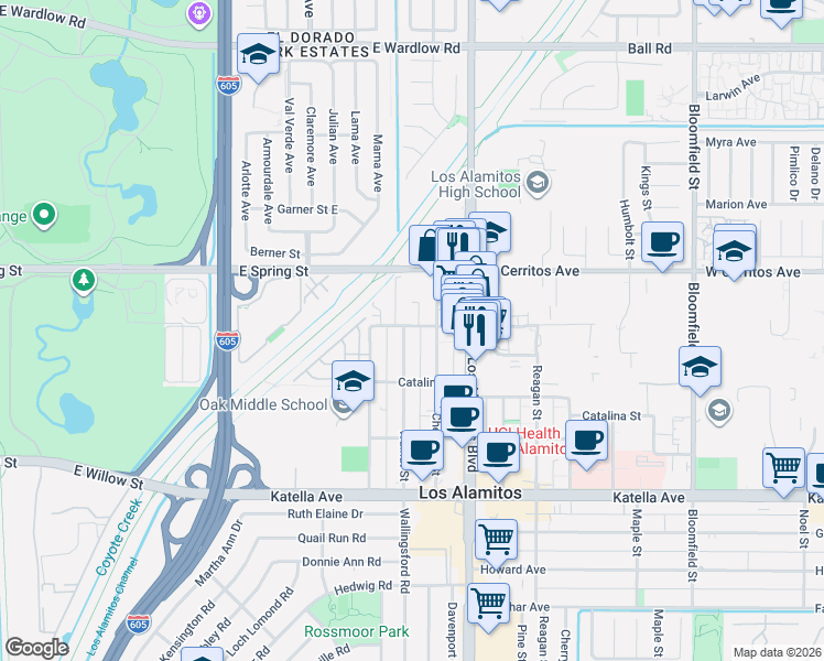 map of restaurants, bars, coffee shops, grocery stores, and more near 10626 Walnut Street in Los Alamitos