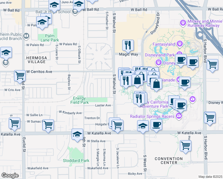 map of restaurants, bars, coffee shops, grocery stores, and more near 1613 South Walnut Street in Anaheim
