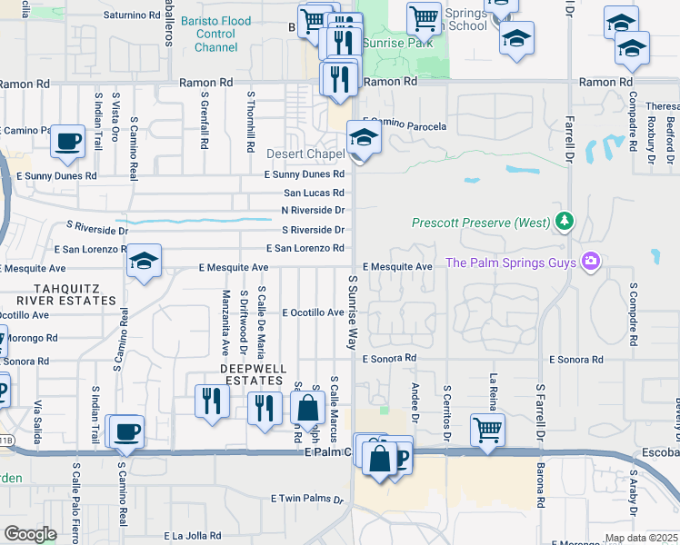map of restaurants, bars, coffee shops, grocery stores, and more near 1000 South Cll Marcus in Palm Springs