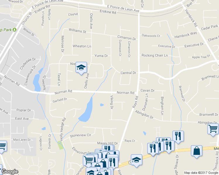 map of restaurants, bars, coffee shops, grocery stores, and more near 1018 Viking Drive in Stone Mountain