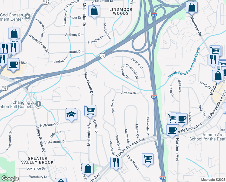 map of restaurants, bars, coffee shops, grocery stores, and more near 1036 Seville Drive in Clarkston