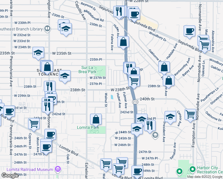 map of restaurants, bars, coffee shops, grocery stores, and more near 181 West 238th Street in Torrance