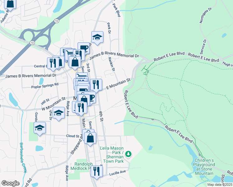 map of restaurants, bars, coffee shops, grocery stores, and more near 305 Stonecliff Court in Stone Mountain