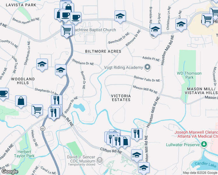 map of restaurants, bars, coffee shops, grocery stores, and more near 1431 Rainier Falls Drive Northeast in Atlanta