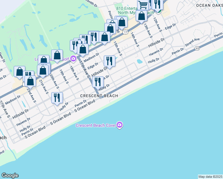 map of restaurants, bars, coffee shops, grocery stores, and more near 1606 South Ocean Boulevard in North Myrtle Beach