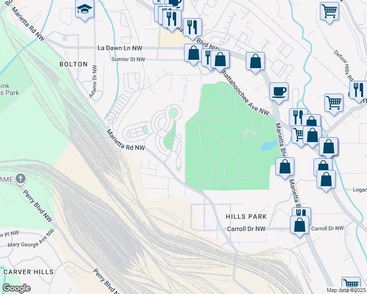 map of restaurants, bars, coffee shops, grocery stores, and more near 1665 Duncan Drive Northwest in Atlanta