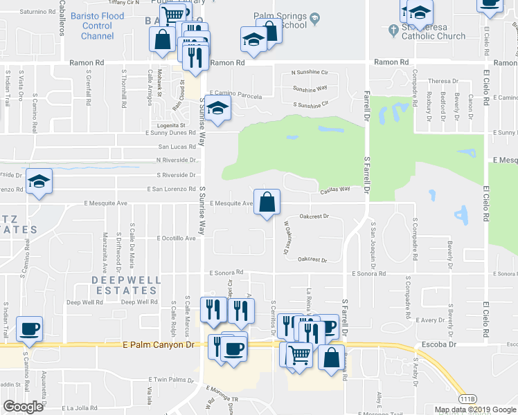 map of restaurants, bars, coffee shops, grocery stores, and more near 1001 Saint Bimini Circle in Palm Springs