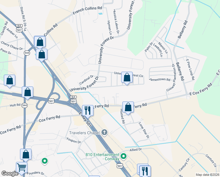 map of restaurants, bars, coffee shops, grocery stores, and more near 619 University Forest Circle in Conway