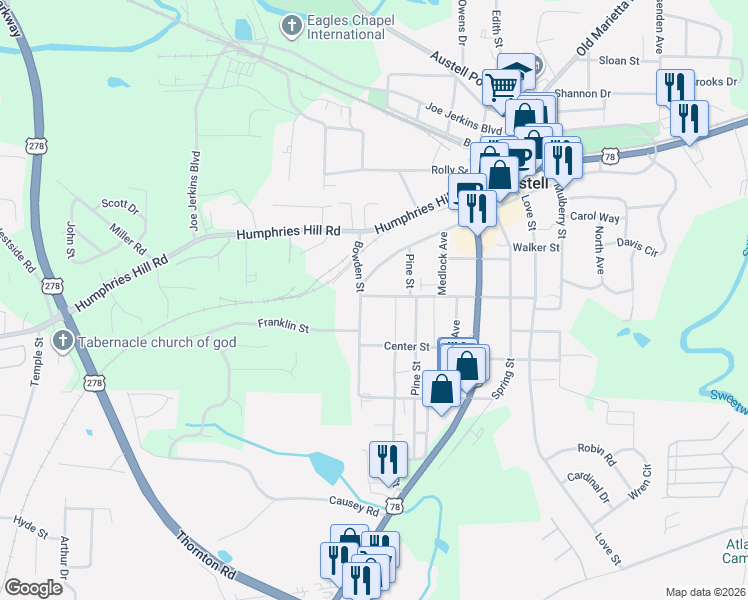 map of restaurants, bars, coffee shops, grocery stores, and more near 2969 Cemetery St in Austell