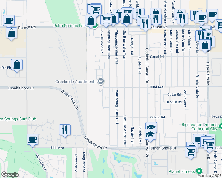 map of restaurants, bars, coffee shops, grocery stores, and more near 33030 Shifting Sands Trail in Cathedral City