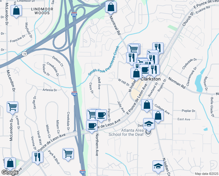 map of restaurants, bars, coffee shops, grocery stores, and more near 1019 Pecan Street in Clarkston