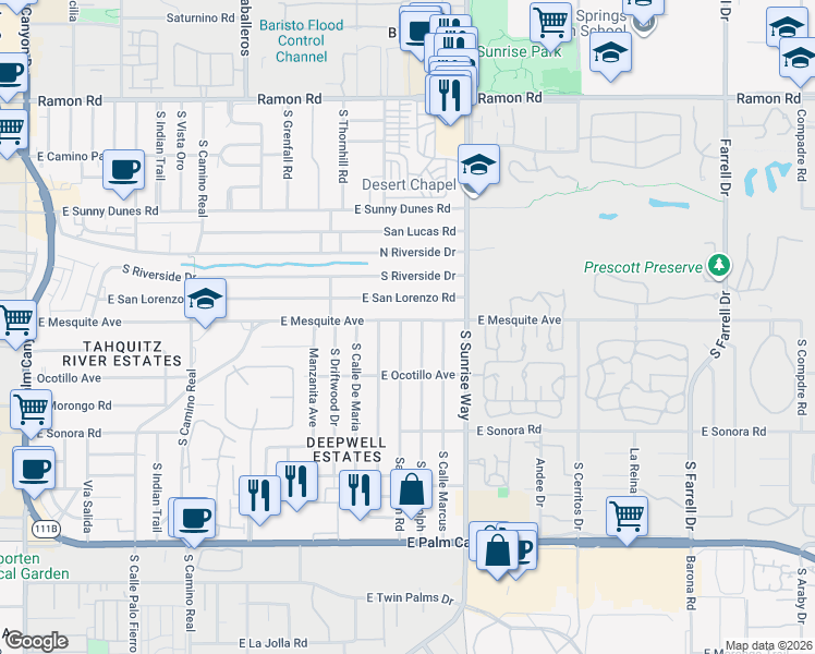 map of restaurants, bars, coffee shops, grocery stores, and more near 1008 Sagebrush Road in Palm Springs