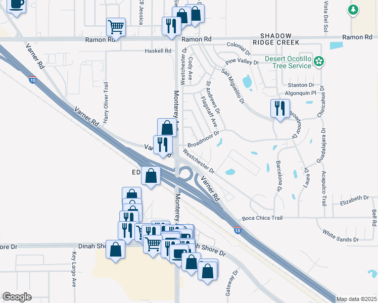 map of restaurants, bars, coffee shops, grocery stores, and more near 33100 Westchester Drive in Thousand Palms
