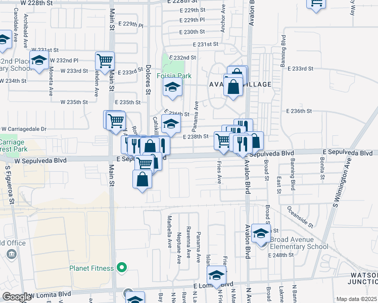 map of restaurants, bars, coffee shops, grocery stores, and more near 382 East 238th Place in Carson