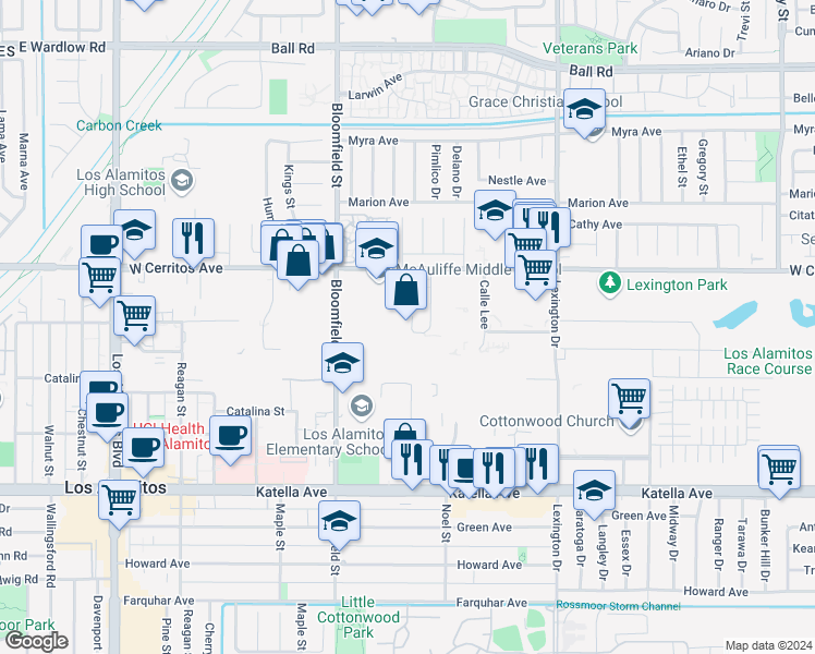 map of restaurants, bars, coffee shops, grocery stores, and more near 10843 Los Vaqueros Circle in Los Alamitos