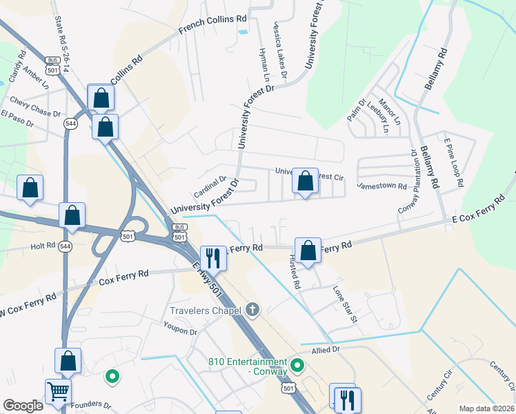 map of restaurants, bars, coffee shops, grocery stores, and more near 619 University Forest Circle in Conway