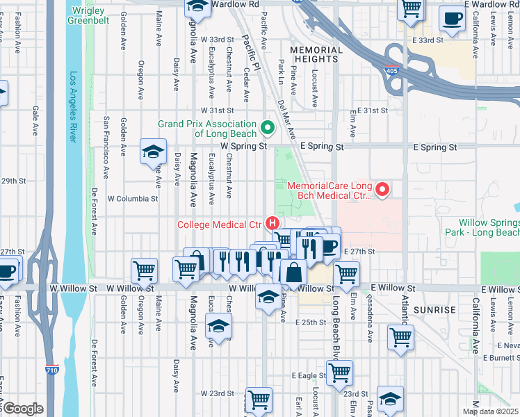 map of restaurants, bars, coffee shops, grocery stores, and more near 2821 Pacific Avenue in Long Beach