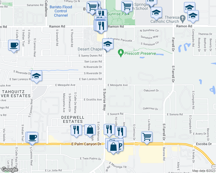 map of restaurants, bars, coffee shops, grocery stores, and more near 1001 Saint Thomas Circle in Palm Springs