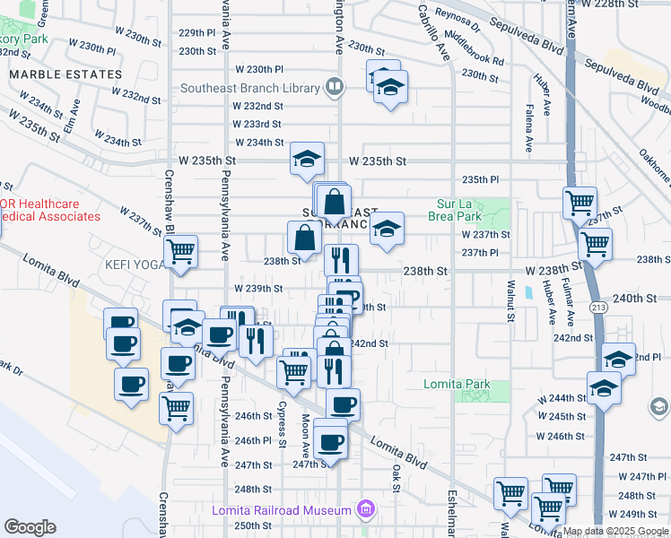 map of restaurants, bars, coffee shops, grocery stores, and more near 23751 Narbonne Avenue in Torrance