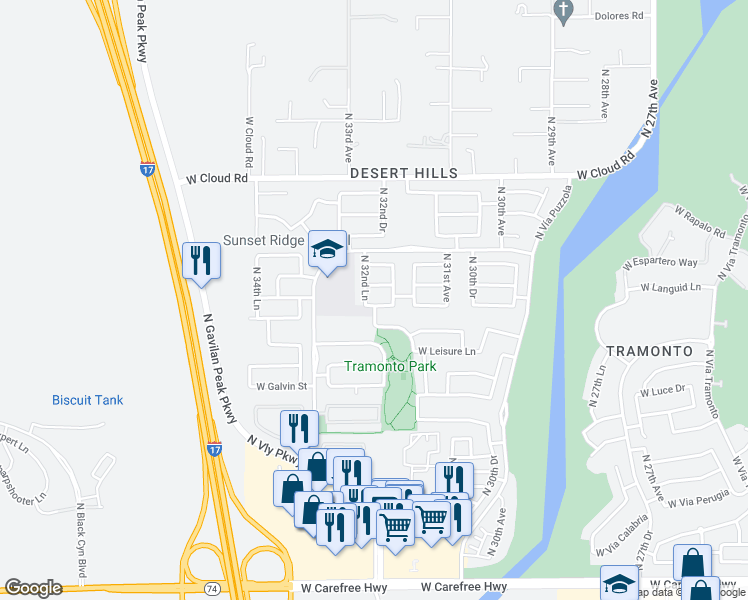 map of restaurants, bars, coffee shops, grocery stores, and more near 3218 West Sentinel Rock Lane in Phoenix