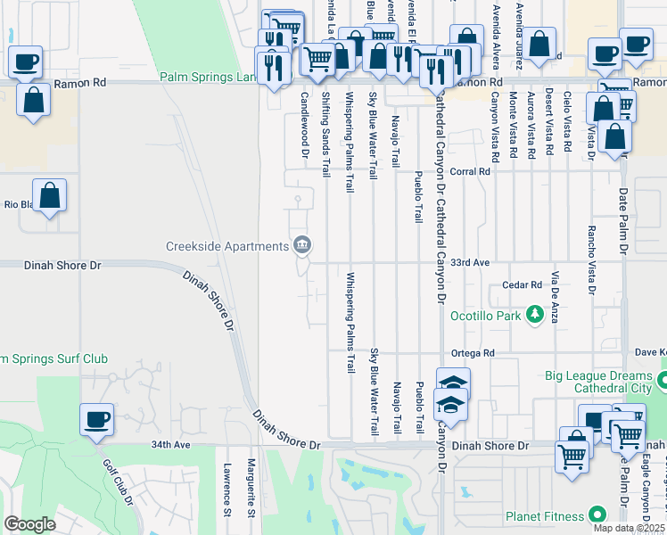 map of restaurants, bars, coffee shops, grocery stores, and more near 33030 Shifting Sands Trail in Cathedral City