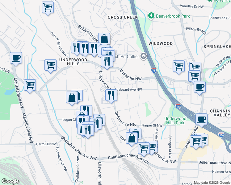 map of restaurants, bars, coffee shops, grocery stores, and more near 1406 Defoors Drive Nothwest in Atlanta