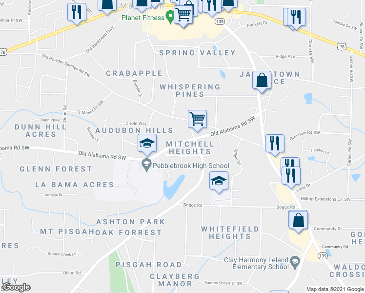 map of restaurants, bars, coffee shops, grocery stores, and more near 843 Old Alabama Rd SW in Mableton