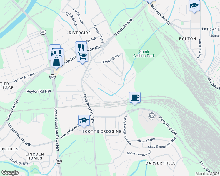 map of restaurants, bars, coffee shops, grocery stores, and more near 1935 Main Street Northwest in Atlanta