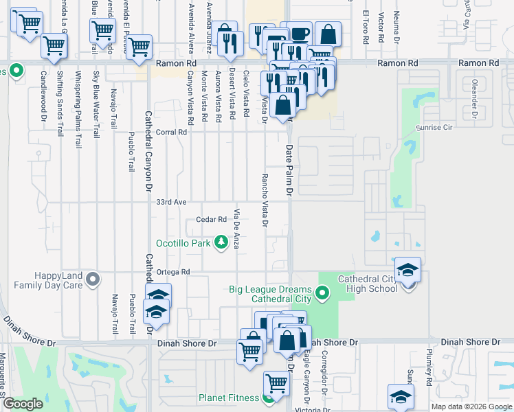 map of restaurants, bars, coffee shops, grocery stores, and more near 68901 33rd Avenue in Cathedral City