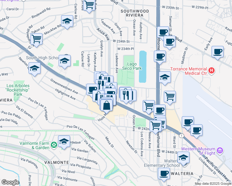 map of restaurants, bars, coffee shops, grocery stores, and more near 23920 Anza Avenue in Torrance