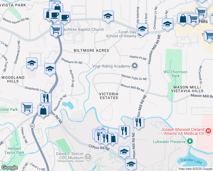 map of restaurants, bars, coffee shops, grocery stores, and more near 1525 Mason Mill Road Northeast in Atlanta