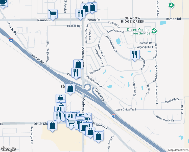 map of restaurants, bars, coffee shops, grocery stores, and more near 33121 Deane Circle in Thousand Palms