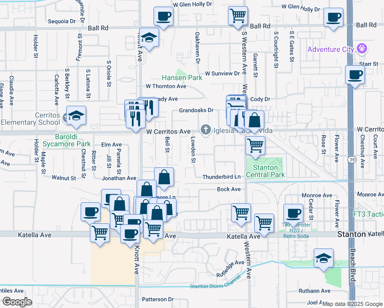 map of restaurants, bars, coffee shops, grocery stores, and more near 10603 Lowden Street in Stanton