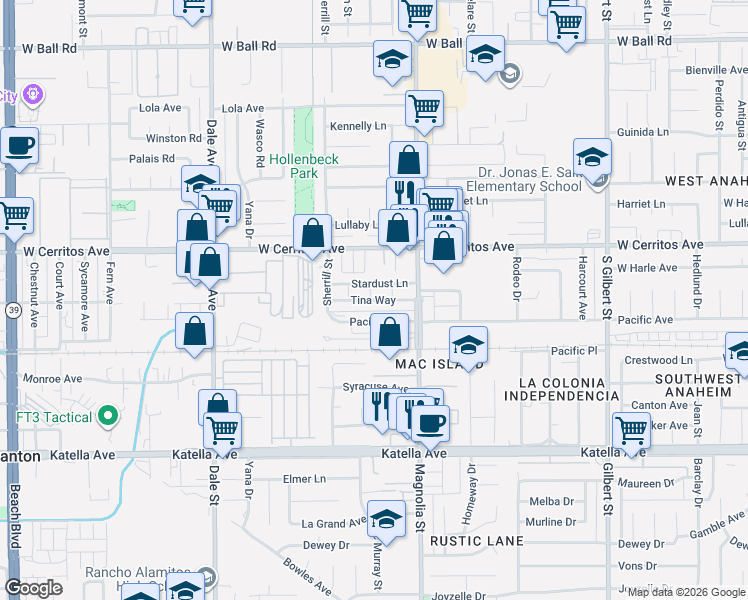 map of restaurants, bars, coffee shops, grocery stores, and more near 10625 Verona Street in Anaheim