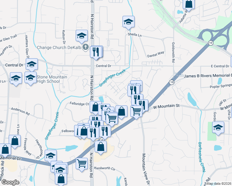 map of restaurants, bars, coffee shops, grocery stores, and more near 1022 Thorn Woode Lane in Stone Mountain