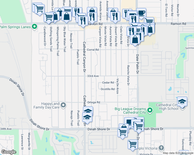 map of restaurants, bars, coffee shops, grocery stores, and more near 33014 Campus Lane in Cathedral City